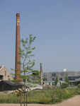 905406 Gezicht op twee schoorstenen die nog herinneren aan de verdwenen glastuinbouw aan 't Zand in de wijk Leidsche ...
